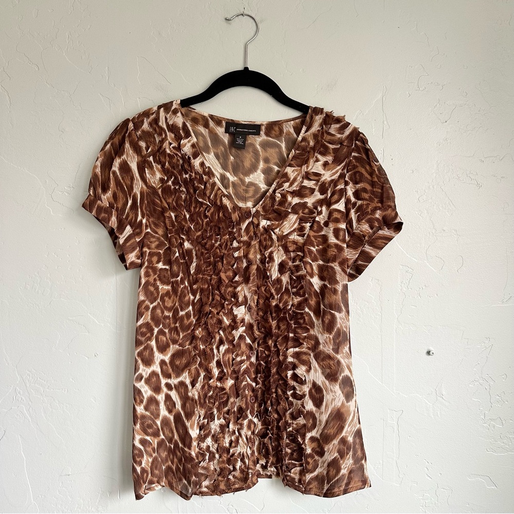 INC International Concepts Women's Brown‎ Silk Animal Print Button Up Top Size 8